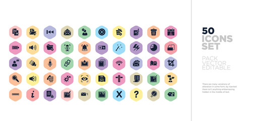 50 ui vector icons set in a colorful hexagon buttons