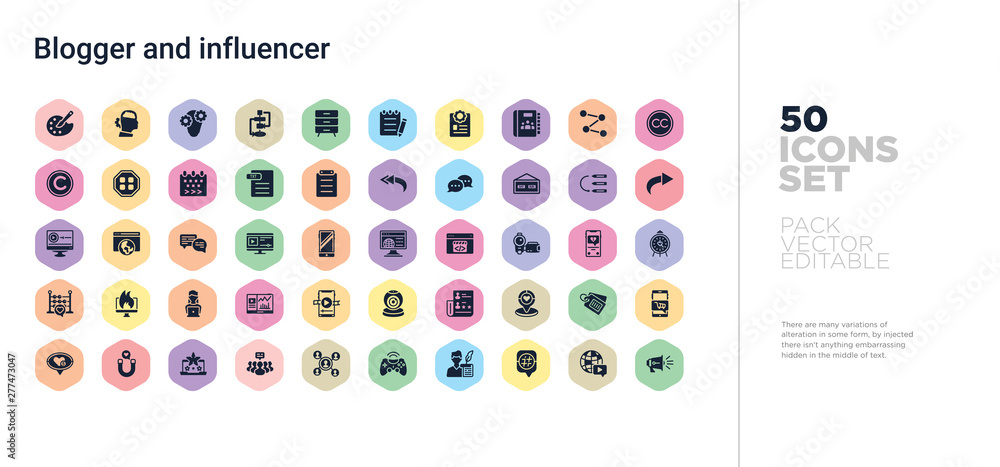 Aufkleber 50 blogger and influencer vector icons set in a colorful hexagon buttons