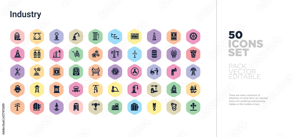 Poster 50 industry vector icons set in a colorful hexagon buttons
