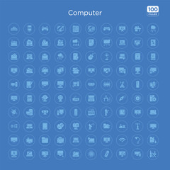 100 blue round computer vector icons set such as book and computer mouse, study lamp, wi fi, circular de, responsive de, widescreen laptop, computing code, computer folder.