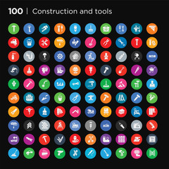 100 round colorful construction and tools vector icons set such as soil, copper, sanding machine, glass wall, relief valve, shovel and fork, mechanic working, jackknife