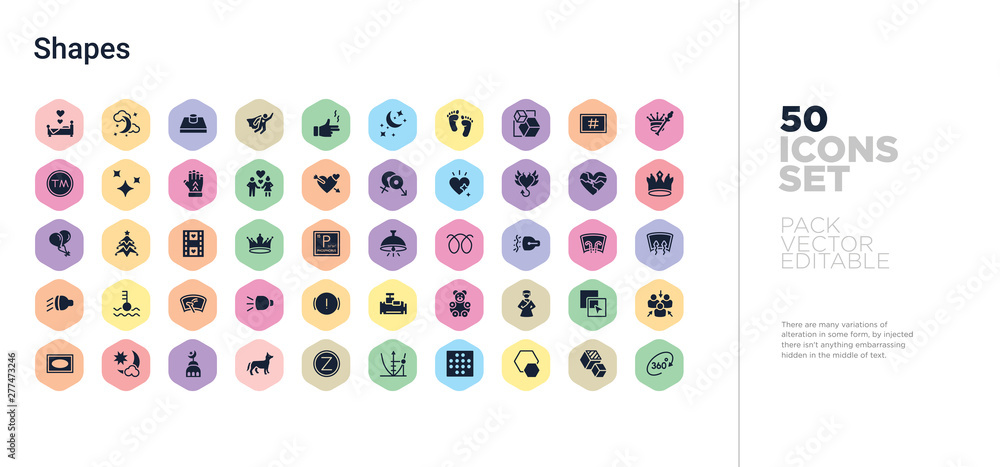 Poster 50 shapes vector icons set in a colorful hexagon buttons