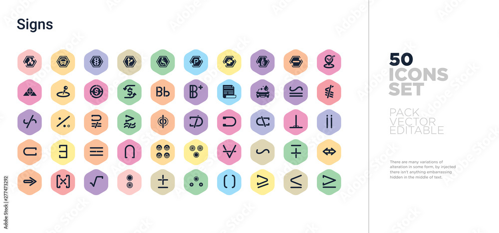 Poster 50 signs vector icons set in a colorful hexagon buttons