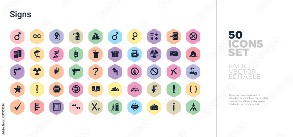 Poster 50 signs vector icons set in a colorful hexagon buttons
