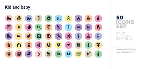 50 kid and baby vector icons set in a colorful hexagon buttons
