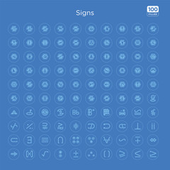 100 blue round signs vector icons set such as maths, less plus, is similar to, for all mathematics, because, proportion, the intersection of, identical to.