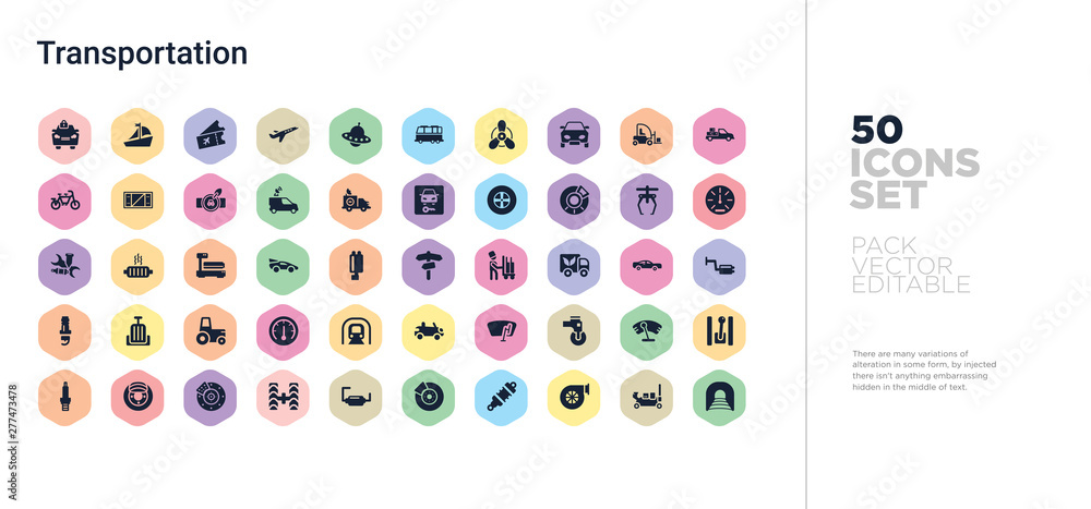 Poster 50 transportation vector icons set in a colorful hexagon buttons