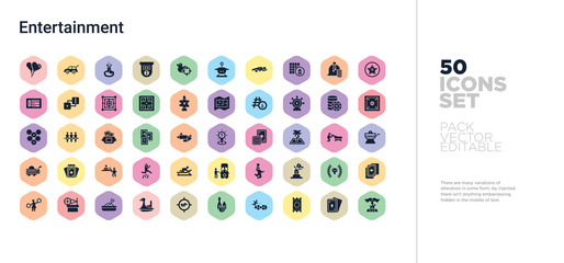 50 entertainment vector icons set in a colorful hexagon buttons - obrazy, fototapety, plakaty
