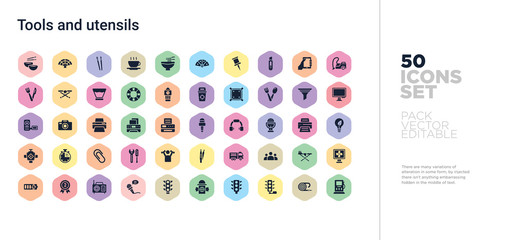 50 tools and utensils vector icons set in a colorful hexagon buttons