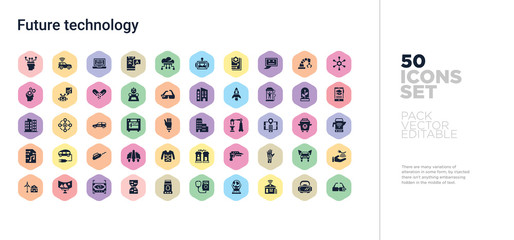 50 future technology vector icons set in a colorful hexagon buttons