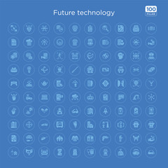 100 blue round future technology vector icons set such as telekinesis, flying car, wi gloves, blaster, teleportation, smart clothing, jetpack, chainsaw.