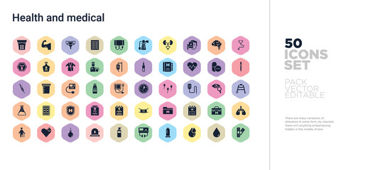 Fototapeta na wymiar 50 health and medical vector icons set in a colorful hexagon buttons