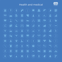 100 blue round health and medical vector icons set such as lung, medical, medical checklist, file, mask, report, result, shield.