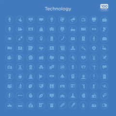 100 blue round technology vector icons set such as power plug, photo camera flash, vertical battery with three bars, big joystick, gamepad with cable, computer screen linux, television remote