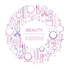 Fototapeta na wymiar Cosmetology and fashion concept. Vector template for presentation. Circle frame with thin line icons.
