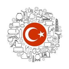 Concept of industrial plant and manufacture building. Energy generation and heavy industry. Brochure or cover design template. Circle frame with industrial thin line icons. Flag of the Turkey