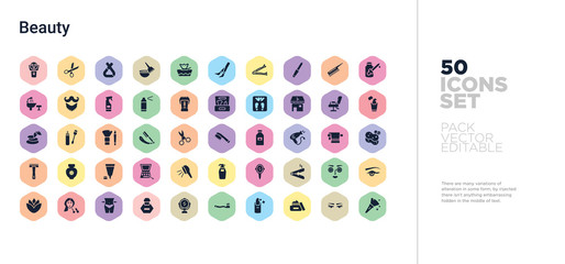 50 beauty vector icons set in a colorful hexagon buttons