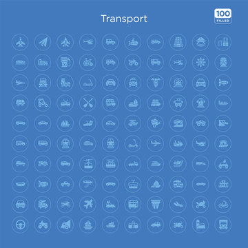 100 blue round transport vector icons set such as old bicycle, bike with motor, ios 7 interface, arraving airplane, fuse, london, car with luggage, inclinaded plane, motorbiking.