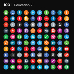100 round colorful education 2 vector icons set such as graduate, browsing, library, pen, maths, easel, physics, school material