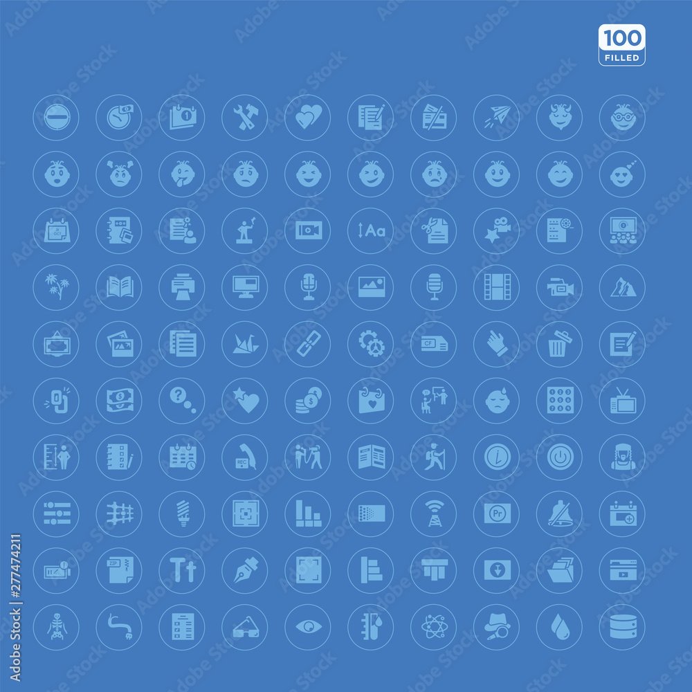 Poster 100 blue round ui vector icons set such as video in browser, data folder, bottom, top alignment, obj