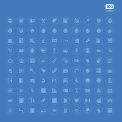 100 blue round ui vector icons set such as video in browser, data folder, bottom, top alignment, object alignment, corners, delete anchor point, fonts.