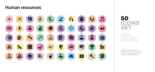 50 human resources vector icons set in a colorful hexagon buttons