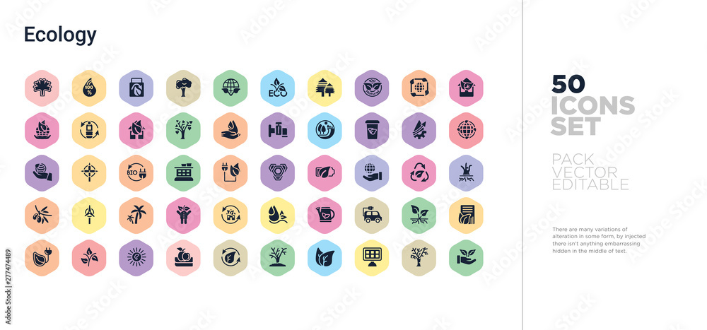 Aufkleber 50 ecology vector icons set in a colorful hexagon buttons
