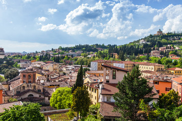Verona, Italy, on April 24, 2019. Aerial a view of the city and its vicinity from viewpoint on the...