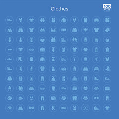 100 blue round clothes vector icons set such as jean, pilot sunglasses, formal shirt, chino shorts, long sleeves t shirt, leather biker jacket, slim fit pants, lingerine set.