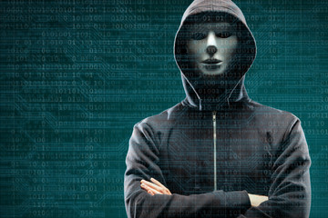 Dangerous hacker over abstract digital background with binary code. Obscured dark face in mask and hood. Data thief, internet attack, darknet fraud, virtual reality and cyber security.