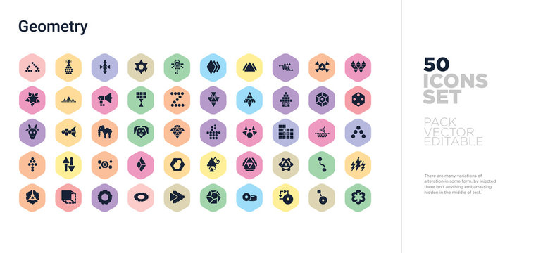 50 geometry vector icons set in a colorful hexagon buttons