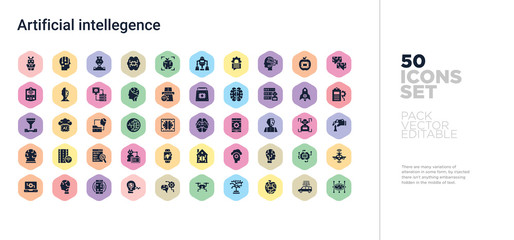 50 artificial intellegence vector icons set in a colorful hexagon buttons
