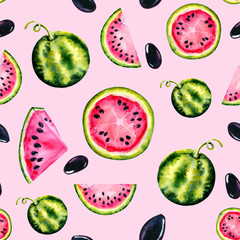Watercolor seamless pattern with the image of a watermelon. Juicy pulp and seeds for print design, banner, poster, cover, invitations, greetings, weddings, advertisements