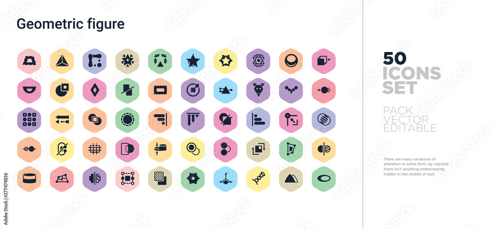 Poster 50 geometric figure vector icons set in a colorful hexagon buttons