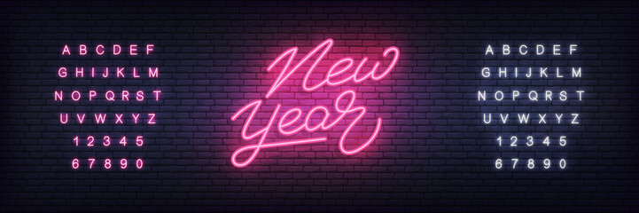 New Year neon. Glowing neon lettering template for New Year 2020 celebration.