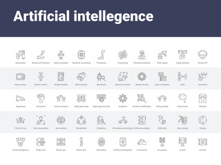 Fototapeta na wymiar 50 artificial intellegence set icons such as ai brain, ai grid, ar camera, ar monocle, artificial atmosphere, biometrics, bionic arm, bionic eye, body scan. simple modern vector icons can be use for
