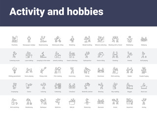 50 activity and hobbies set icons such as acting, aquarium, arrest, baccarat, balancing, ball pit, ballerina, barbeque, beatboxing. simple modern vector icons can be use for web mobile