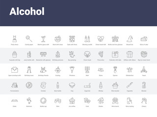 50 alcohol set icons such as cheers, wine tasting, wine barrel, shaker, cork, ice coffee, shot, bottle cap, waitress. simple modern vector icons can be use for web mobile
