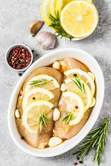 Raw chicken breasts, marinated with lemon garlic rosemary. Top view, space for text.