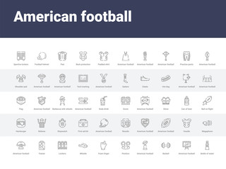 50 american football set icons such as bottle of water, american football strategy, barbell, american football cup, position, foam finger, whistle, lockers, trainer. simple modern vector icons can