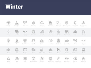 50 winter set icons such as christmas tree, candy cane, safety glasses, christmas sock, christmas card, snowman, gingerbread man, lights, sled. simple modern vector icons can be use for web mobile