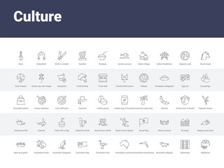 50 culture set icons such as ajoblanco, ajotomate, australian alligator, australian boomerang, australian continent, emu, flag, kangaroo, koala. simple modern vector icons can be use for web mobile