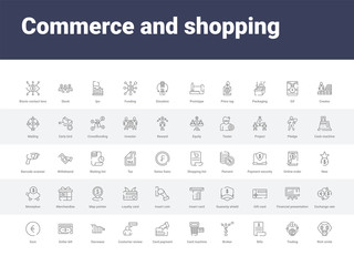 Fototapeta na wymiar 50 commerce and shopping set icons such as rich smile, trading, bills, broker, card machine, card payment, customer review, decrease, dollar bill. simple modern vector icons can be use for web