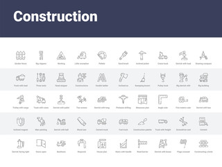 50 construction set icons such as constructing a brick wall, flags crossed, derrick with boxes, road barrier, stairs with handle, house plan, stopcock, backhoes, doors open. simple modern vector