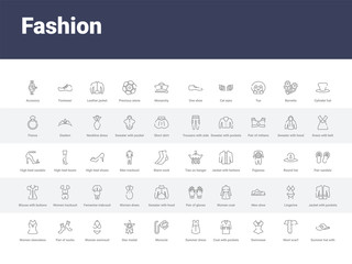 50 fashion set icons such as summer hat with a flower, wool scarf, swimwear, coat with pockets, summer dress, monocle, star medal, women swimsuit, pair of socks. simple modern vector icons can be