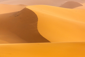 Desert Sahara with beautiful lines and colors at sunrise. Merzouga, Morocco