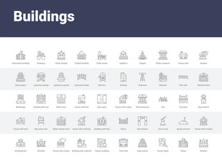 50 buildings set icons such as minaret, urban, house repair, high school, town hall, towers building transmission, building with antenna, house with a heart, worship. simple modern vector icons can - obrazy, fototapety, plakaty
