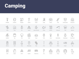 50 camping set icons such as boot, map, tissue, location, axe, camper van, caravan, picnic, lighter. simple modern vector icons can be use for web mobile