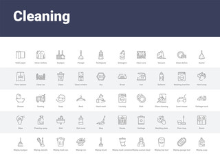 Fototapeta na wymiar 50 cleaning set icons such as wiping soap, wiping sponge tool, wiping tray tool, woman head, trash container, brush, iron, trash can, utensils of bathroom. simple modern vector icons can be use for