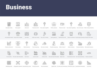 50 business set icons such as loss chart, centralized connections, smooth line chart, pie chart and connections, spider item connections, portion pie connection box infographic elements. simple